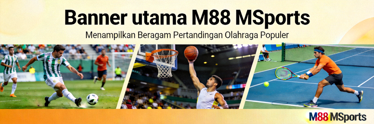 Banner utama M88 MSports menampilkan beragam pertandingan olahraga populer seperti sepak bola, basket, dan tenis