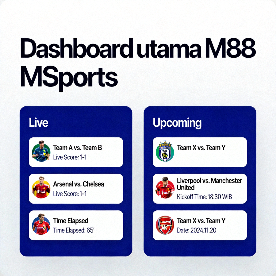 Dashboard utama M88 MSports dengan daftar pertandingan sepak bola live dan upcoming yang terorganisir
