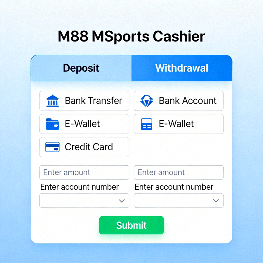 Halaman kasir M88 MSports untuk deposit dan penarikan dana dengan berbagai metode pembayaran