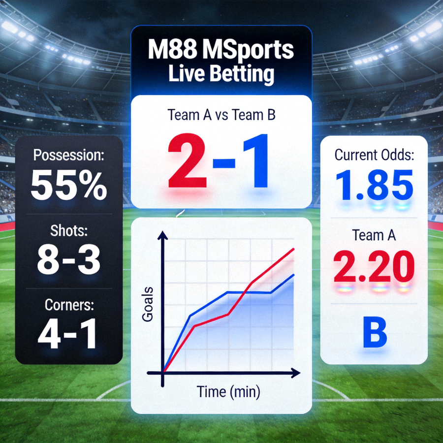 Tampilan live betting M88 MSports dengan statistik real-time, grafik pertandingan, dan odds yang berubah