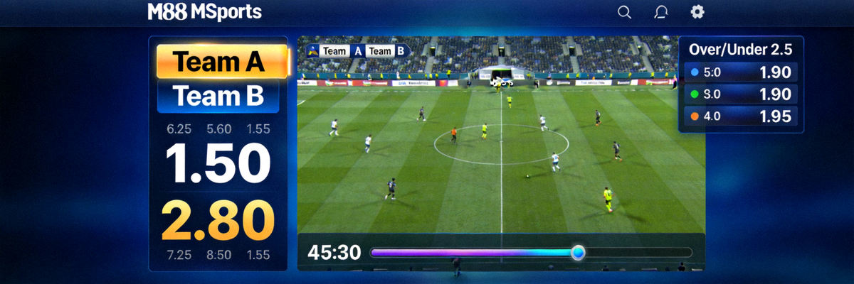 Tampilan live betting M88 MSports dengan odds yang diperbarui secara real-time selama pertandingan berlangsung