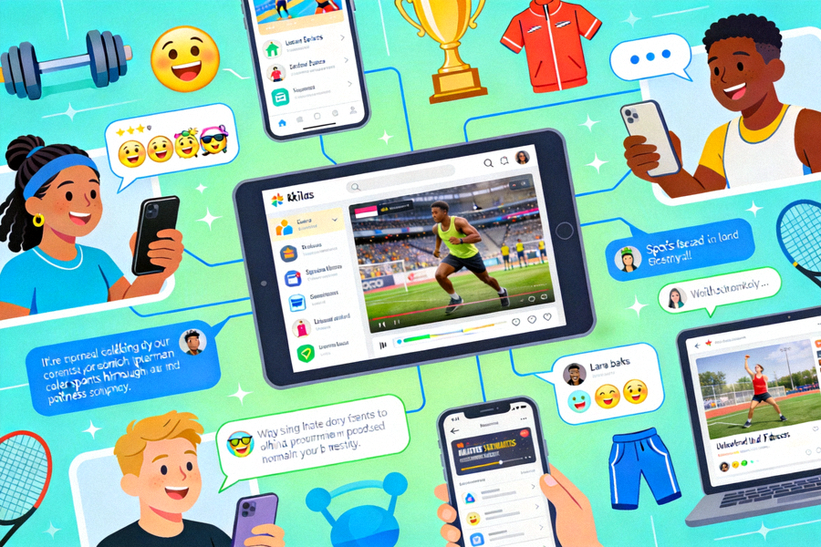 Ilustrasi komunitas online penggemar olahraga yang berinteraksi