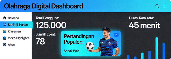 Contoh tampilan dashboard informasi olahraga digital dengan berbagai menu dan statistik