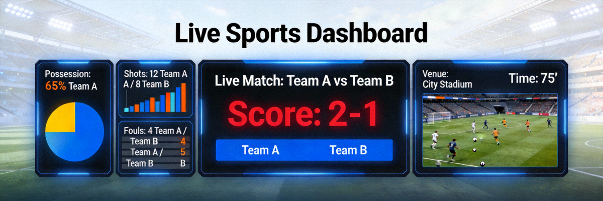 Dashboard live sports dengan tampilan statistik real-time dan informasi pertandingan