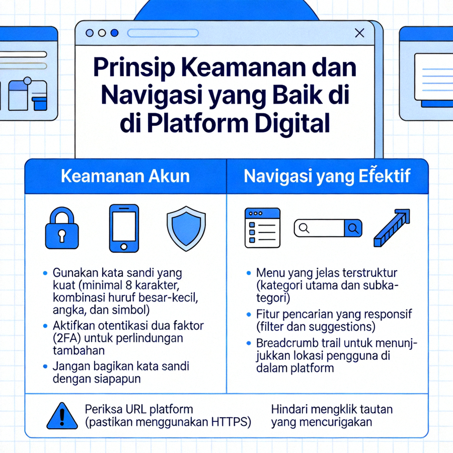 Ilustrasi infografis tentang prinsip keamanan dan navigasi yang baik di platform digital