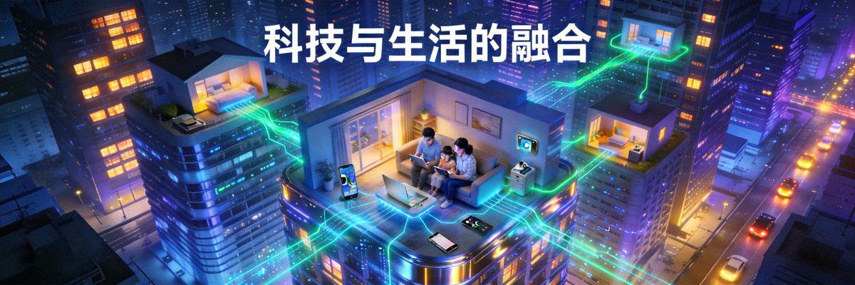 现代城市夜景与数字网络连接概念图，展示科技与生活的融合